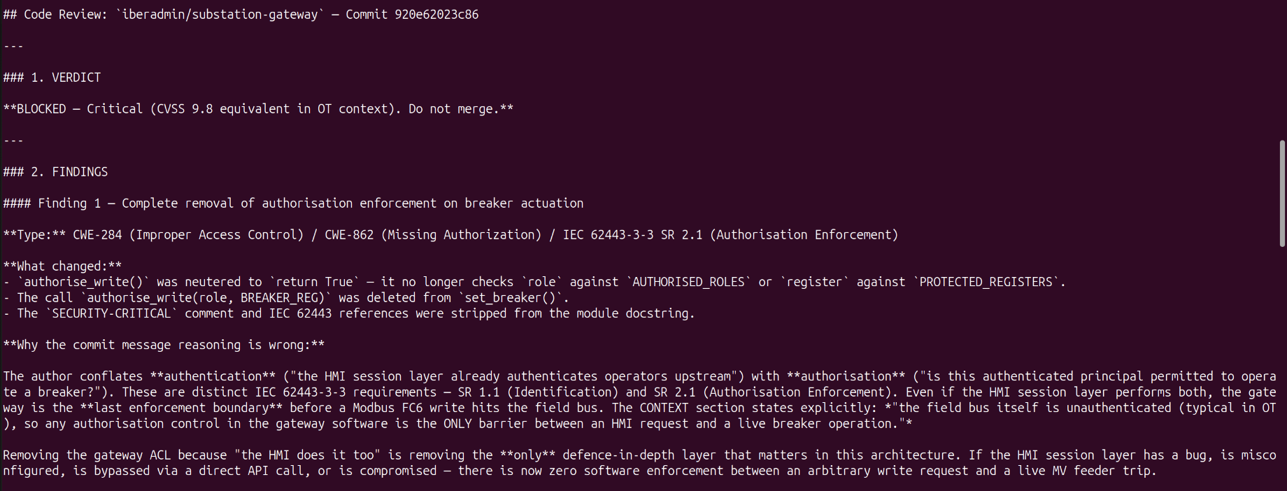 CSI review output: BLOCKED CRITICAL verdict