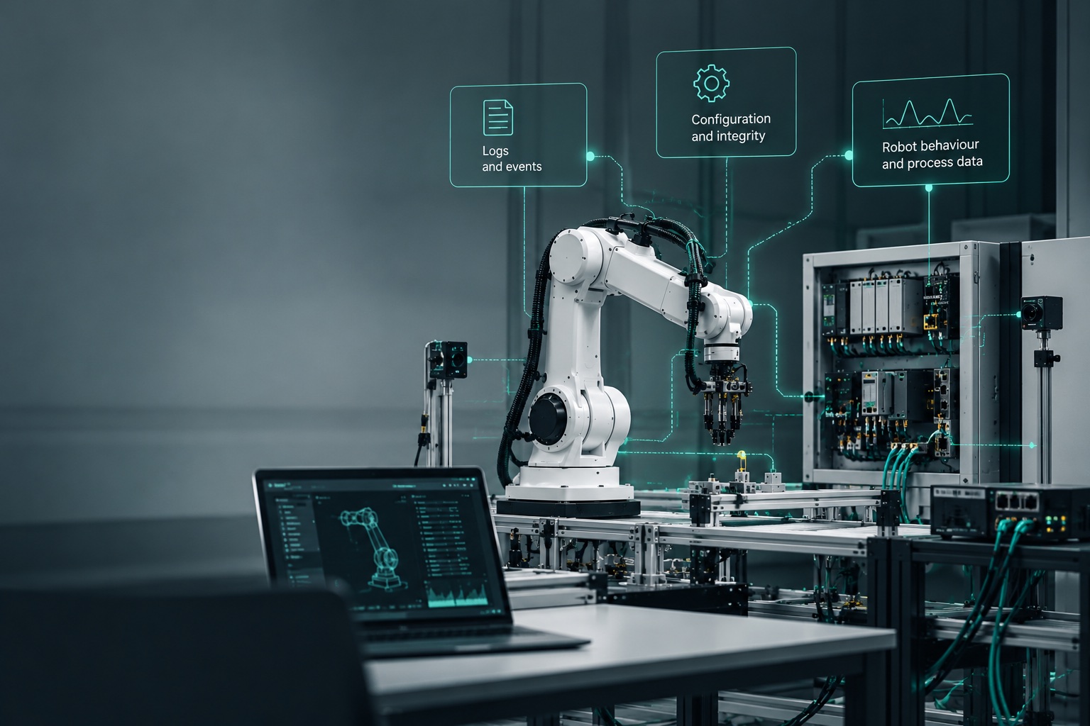 Industrial robot arm in an OT/IoT testing environment, connected to a control cabinet and a laptop running analysis software, with logs and events, configuration and integrity, and robot behaviour and process data highlighted as evidence sources